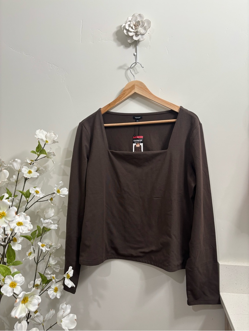 Express Chocolate Brown Square Neck Long Sleeve Tee